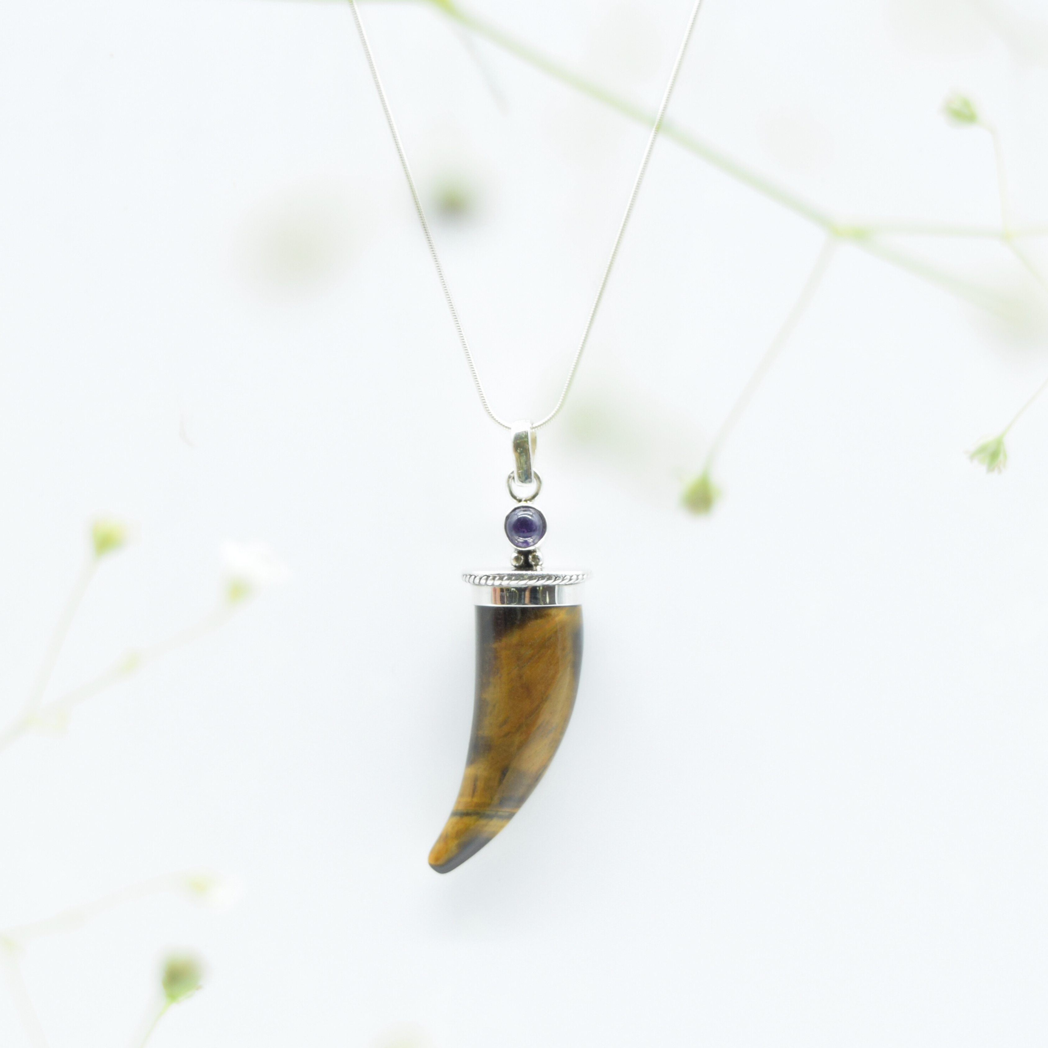 Tiger's Eye Shark's Tooth Pendant with an Amethyst Accent in 925 Silver