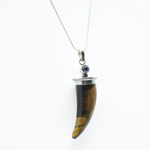 Tiger's Eye Shark's Tooth Pendant with an Amethyst Accent in 925 Silver