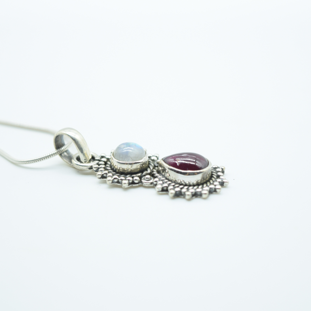 Moonstone & Garnet Pendant in 925 Silver