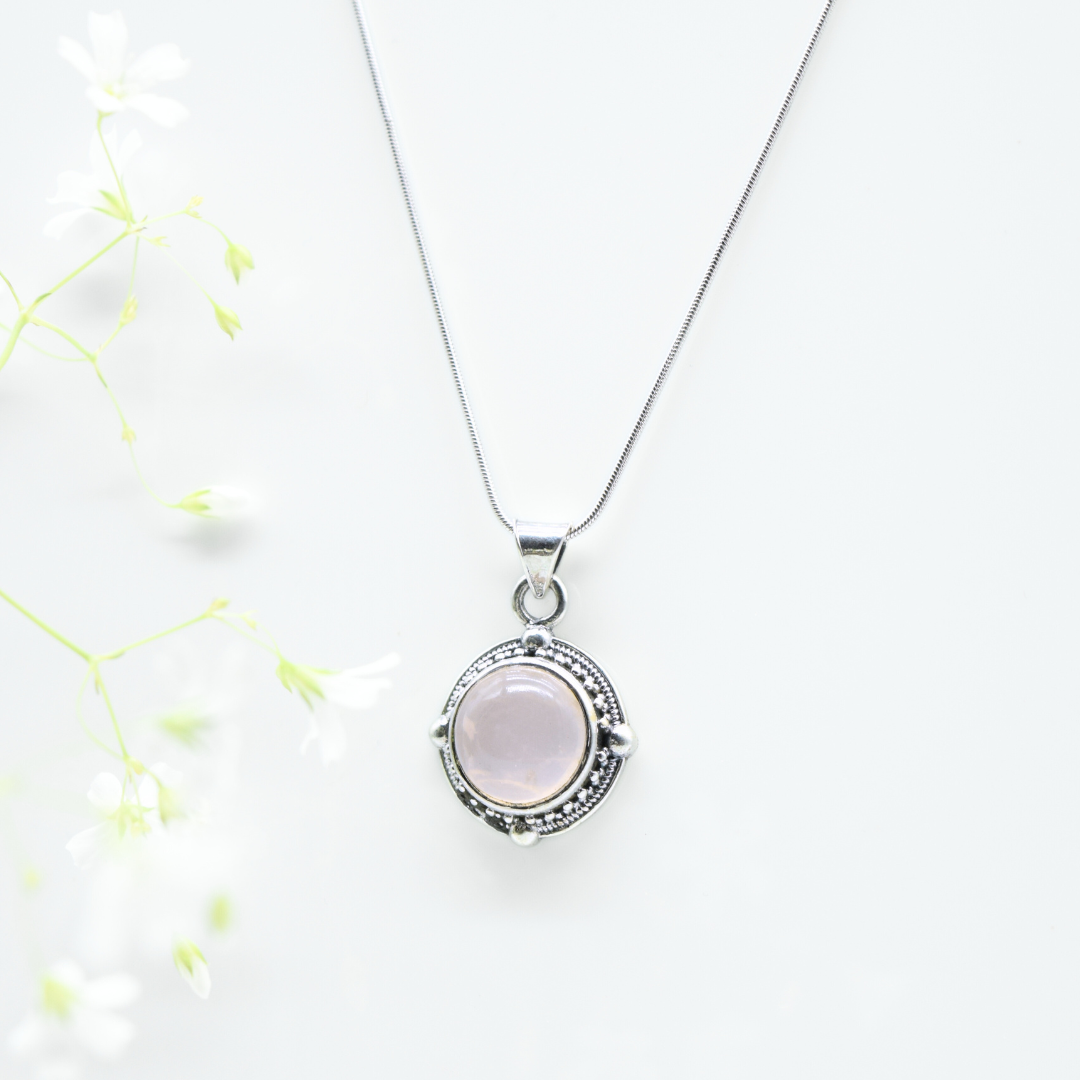 Round Rose Quartz Pendant in 925 Silver