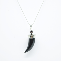 Black Tourmaline Shark's Tooth Pendant with a Garnet Accent in 925 Silver
