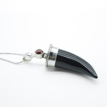 Black Tourmaline Shark's Tooth Pendant with a Garnet Accent in 925 Silver