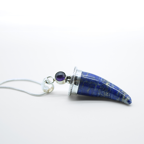 Lapis Lazuli Shark's Tooth Pendant with an Amethyst Accent in 925 Silver