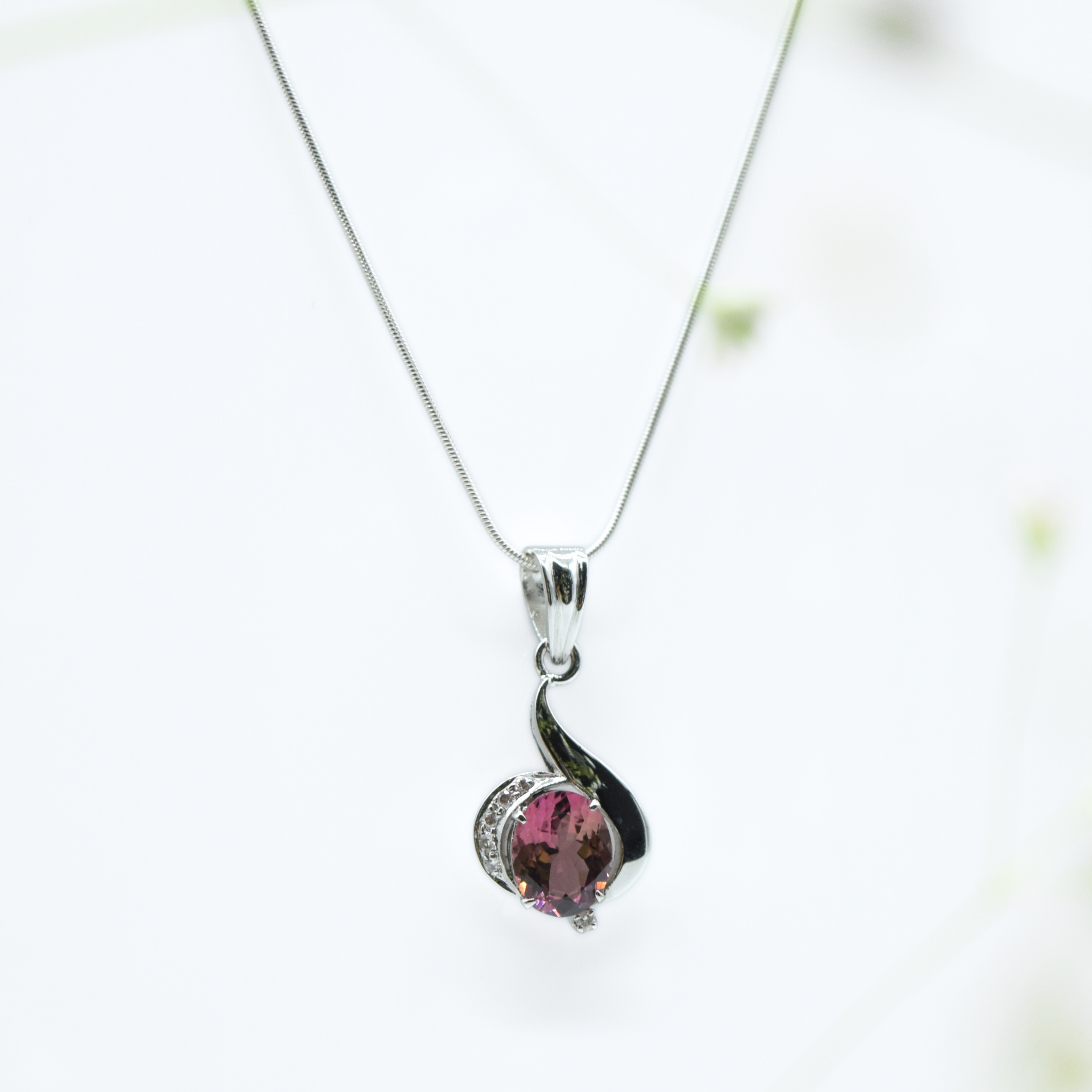 Pink Tourmaline & Diamond Pendant in 925 Silver Main image