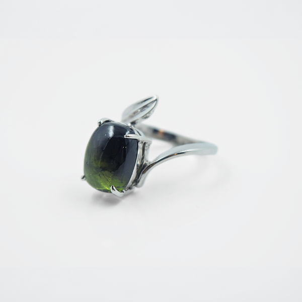 Leaf Motif Green Tourmaline Ring in 925 Silver