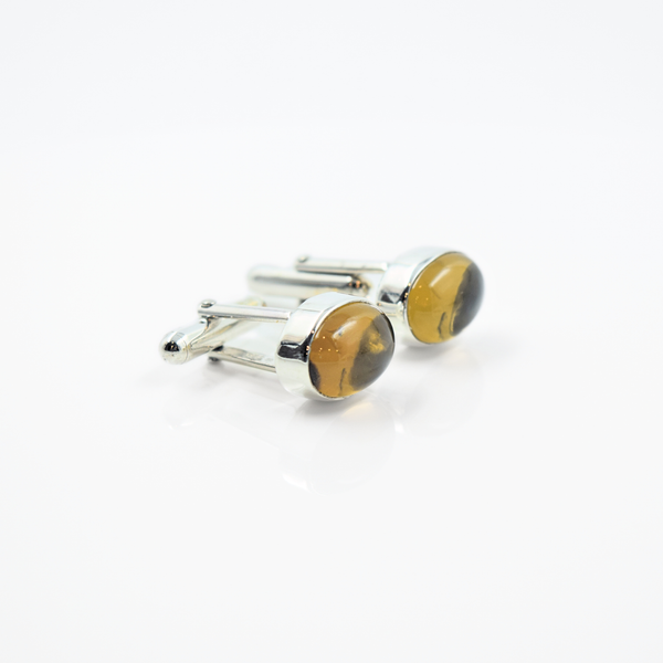 Oval Cabochon Beer Quartz Cufflinks in 925 Silver