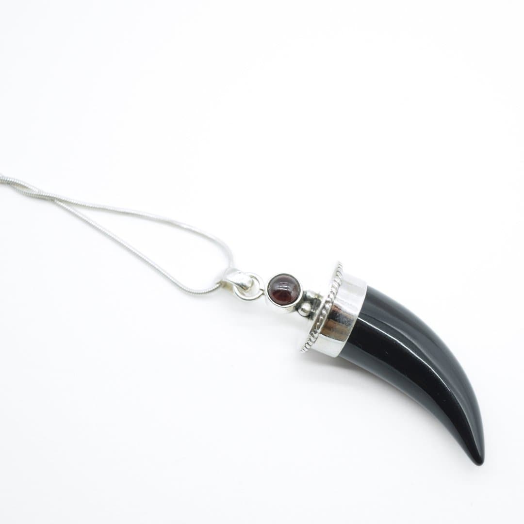 Black Tourmaline Shark's Tooth Pendant with a Garnet Accent in 925 Silver- Without Chain - IAC Galleria