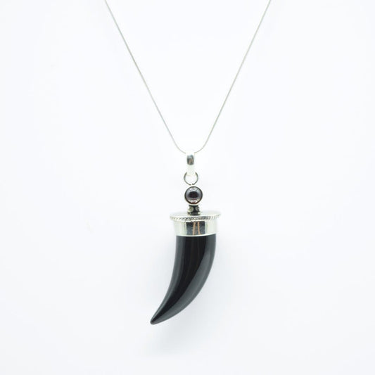 Black Tourmaline Shark's Tooth Pendant with a Garnet Accent in 925 Silver- Without Chain - IAC Galleria