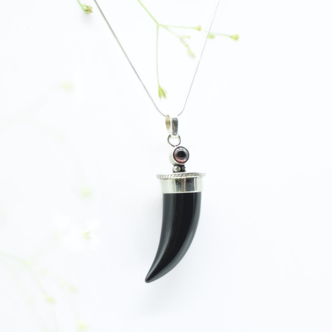 Black Tourmaline Shark's Tooth Pendant with a Garnet Accent in 925 Silver- Without Chain - IAC Galleria