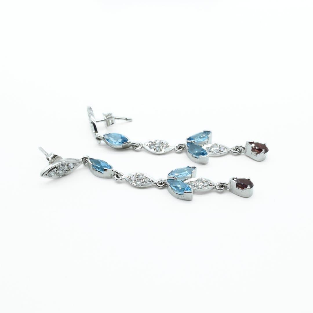 Blue Topaz & Garnet Dangler Earrings in 925 Silver - IAC Galleria