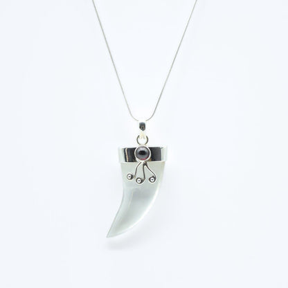 Crystal Quartz Shark's Tooth Pendant with a Garnet Accent in 925 Silver- Without Chain - IAC Galleria