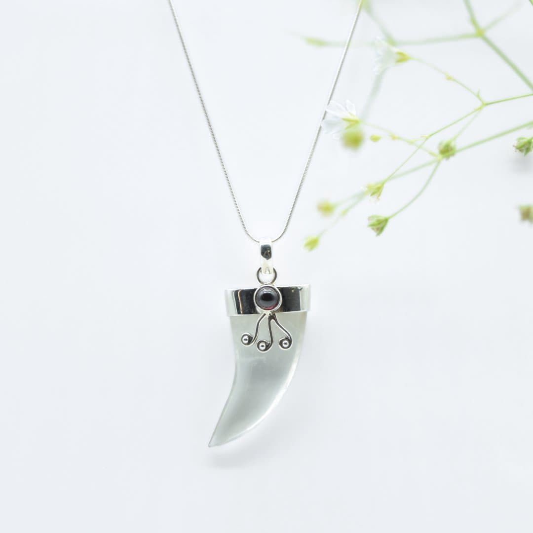 Crystal Quartz Shark's Tooth Pendant with a Garnet Accent in 925 Silver- Without Chain - IAC Galleria