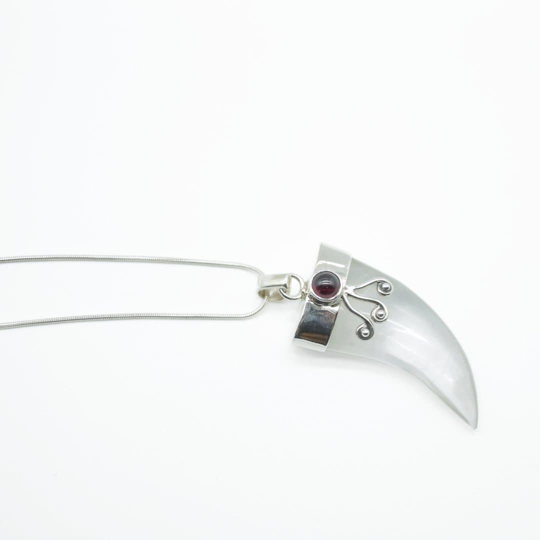 Crystal Quartz Shark's Tooth Pendant with a Garnet Accent in 925 Silver- Without Chain - IAC Galleria