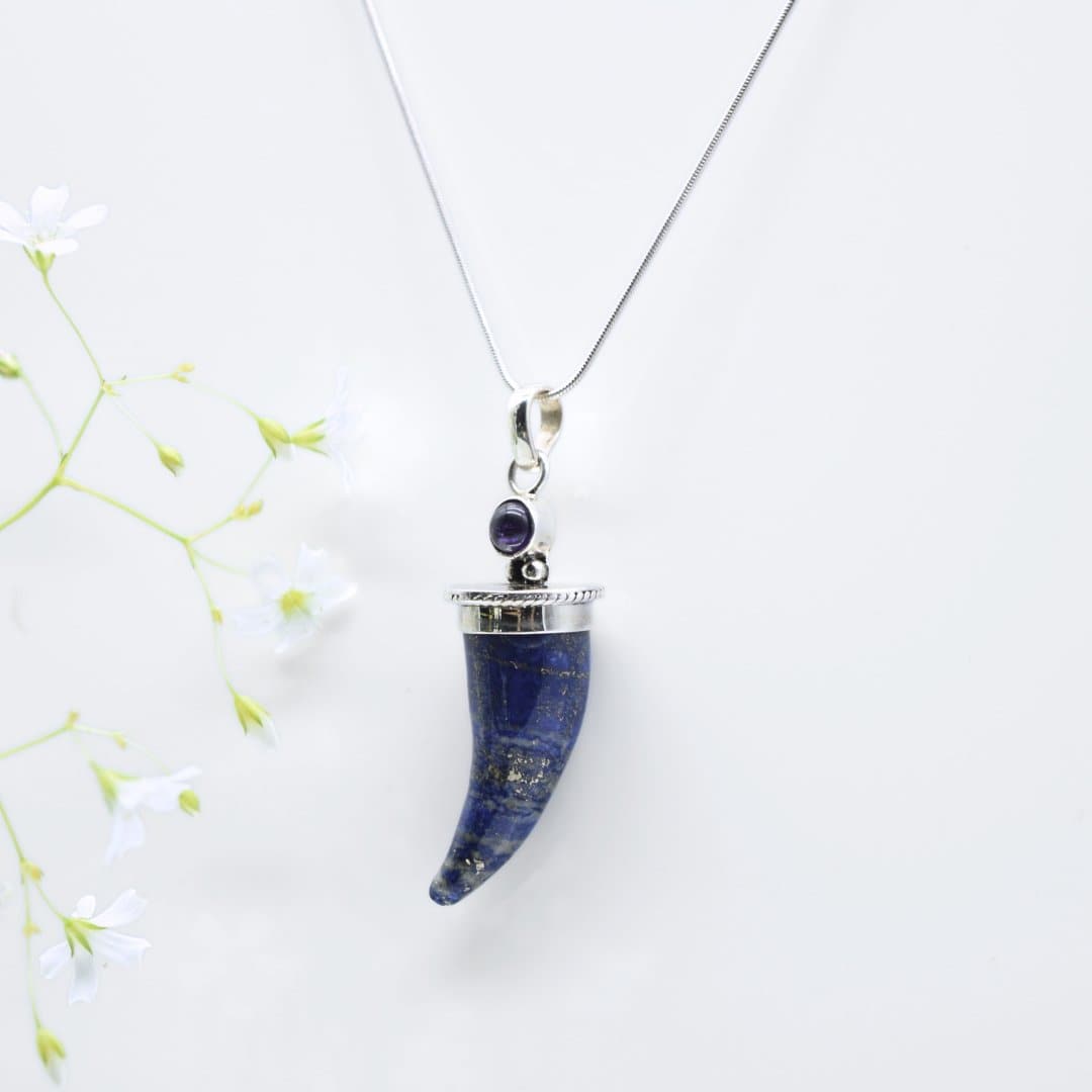 Lapis Lazuli Shark's Tooth Pendant with an Amethyst Accent in 925 Silver- Without Chain - IAC Galleria