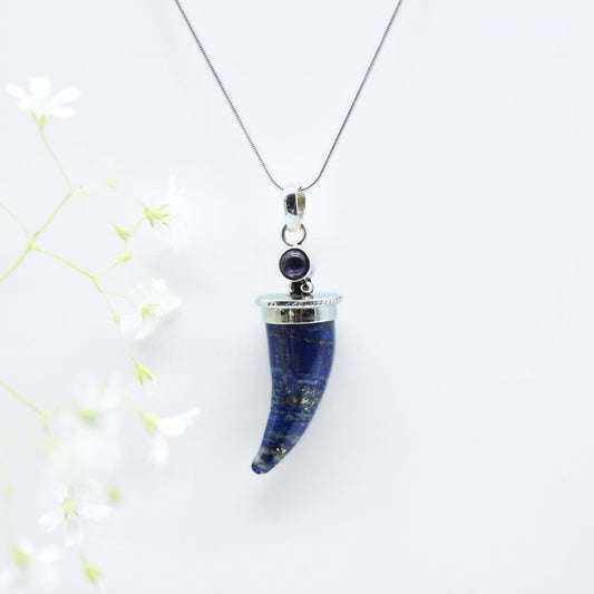 Lapis Lazuli Shark's Tooth Pendant with an Amethyst Accent in 925 Silver- Without Chain - IAC Galleria