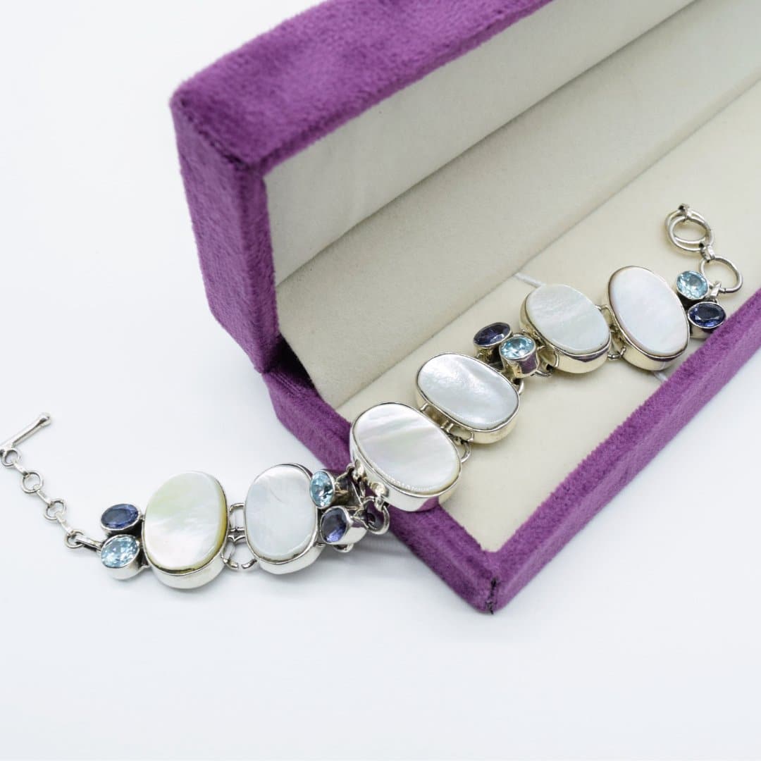Mother of Pearl Bracelet with Amethyst & Blue Topaz in 925 Silver - IAC Galleria