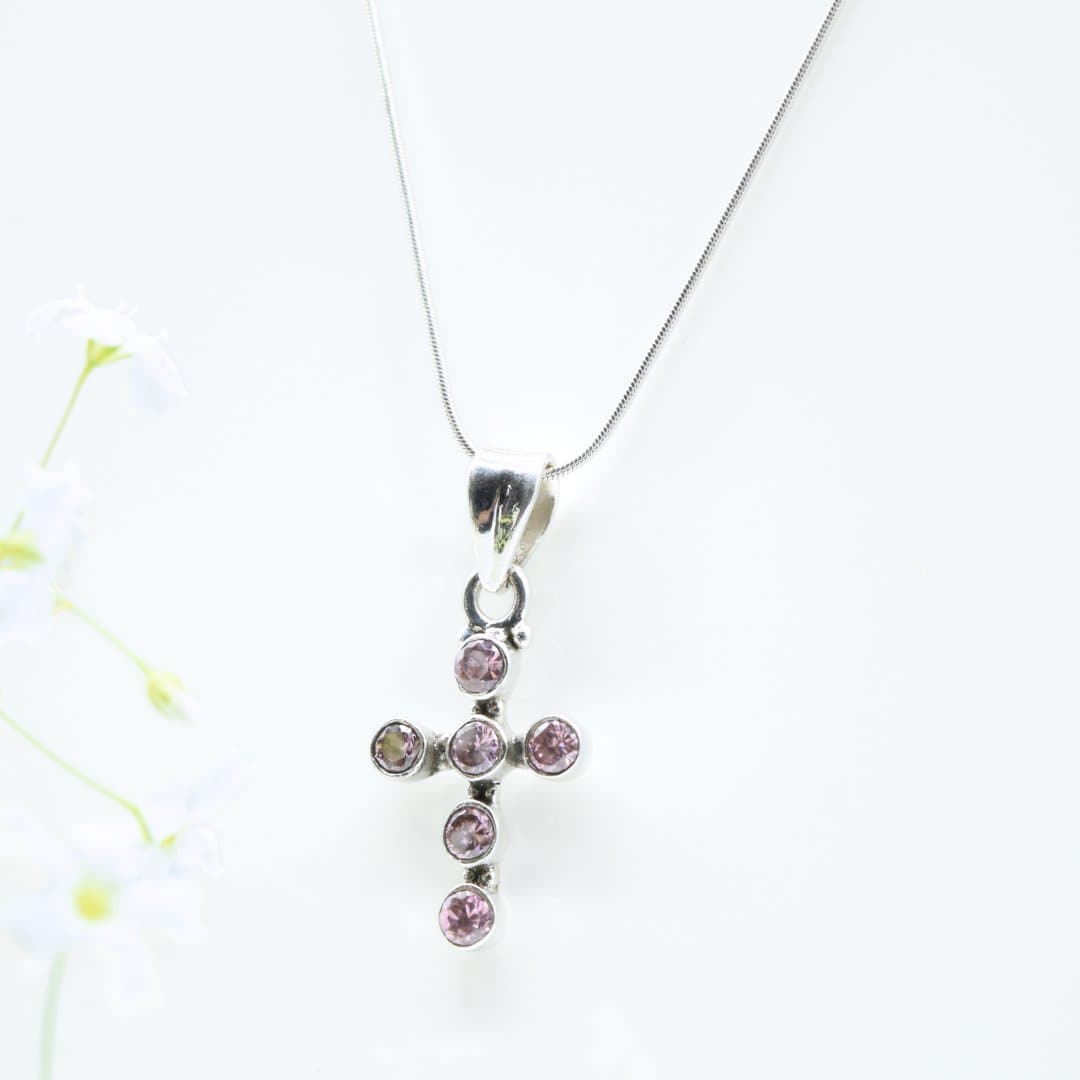 Pink Zircon Cross Pendant in 925 Silver- Without Chain - IAC Galleria