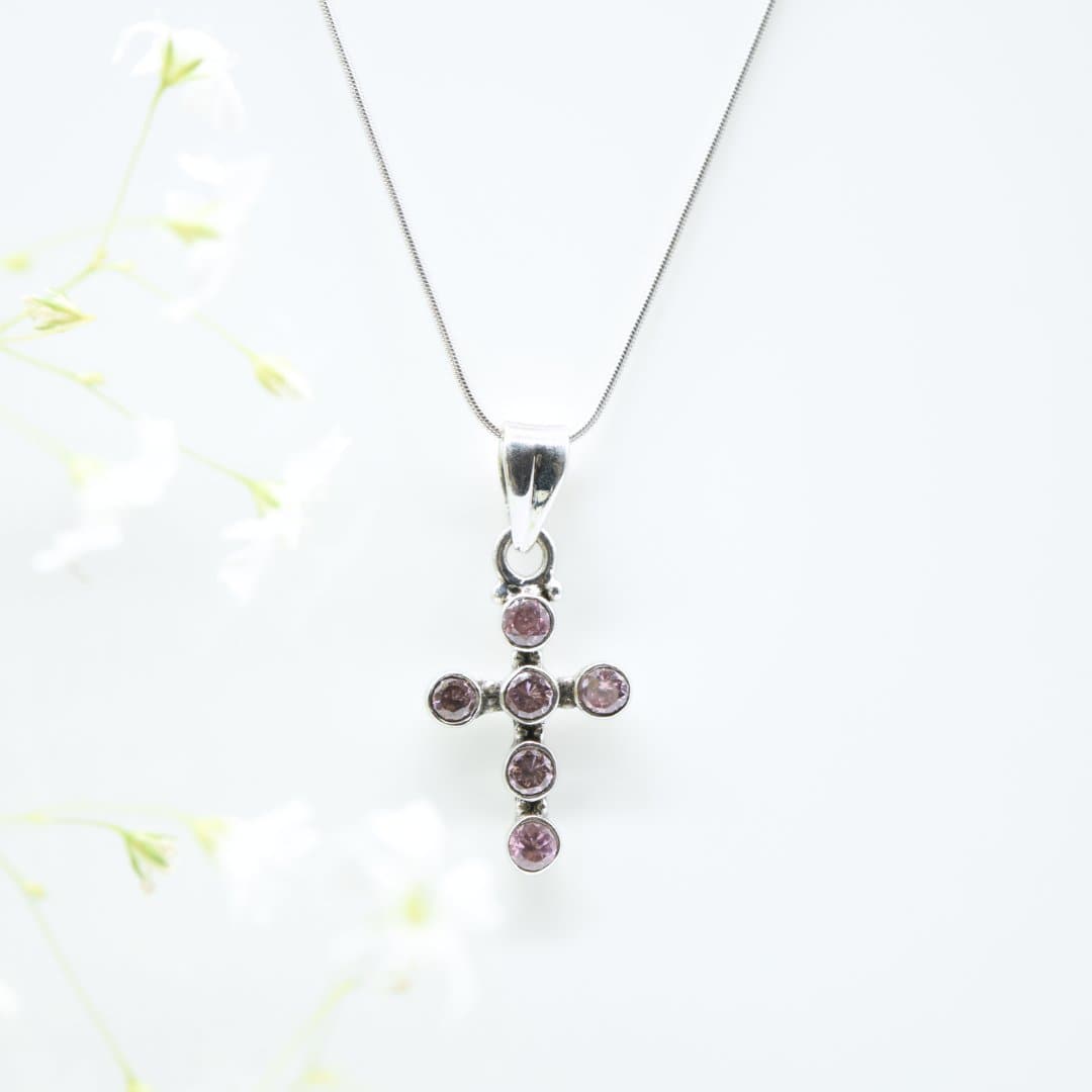 Pink Zircon Cross Pendant in 925 Silver- Without Chain - IAC Galleria