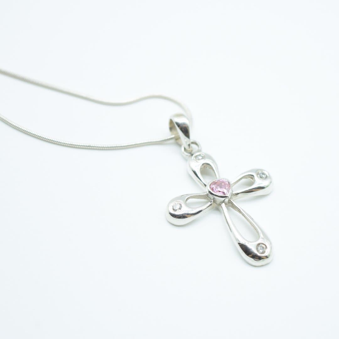 Pink Zircon Heart Cross Pendant in 925 Silver- Without Chain - IAC Galleria