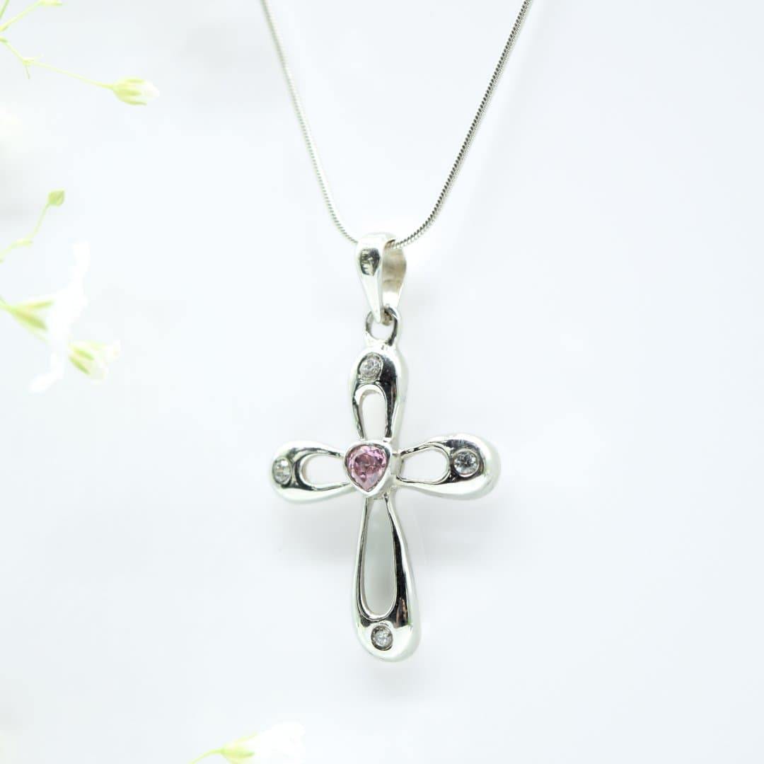 Pink Zircon Heart Cross Pendant in 925 Silver- Without Chain - IAC Galleria