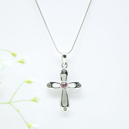 Pink Zircon Heart Cross Pendant in 925 Silver- Without Chain - IAC Galleria