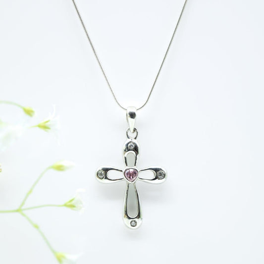 Pink Zircon Heart Cross Pendant in 925 Silver- Without Chain - IAC Galleria