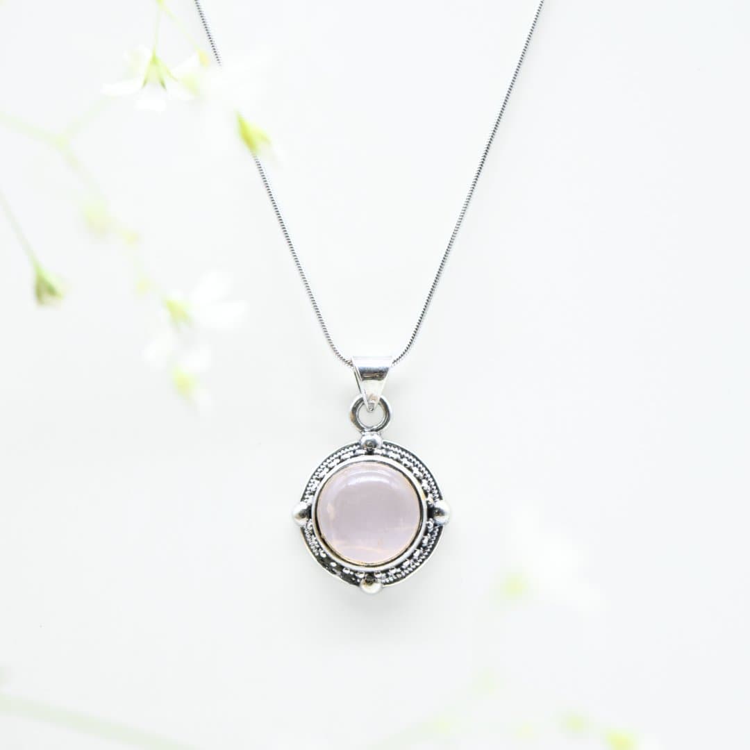 Round Rose Quartz Pendant in 925 Silver- Without Chain - IAC Galleria