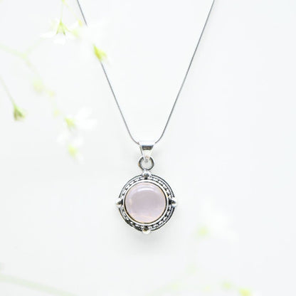 Round Rose Quartz Pendant in 925 Silver- Without Chain - IAC Galleria