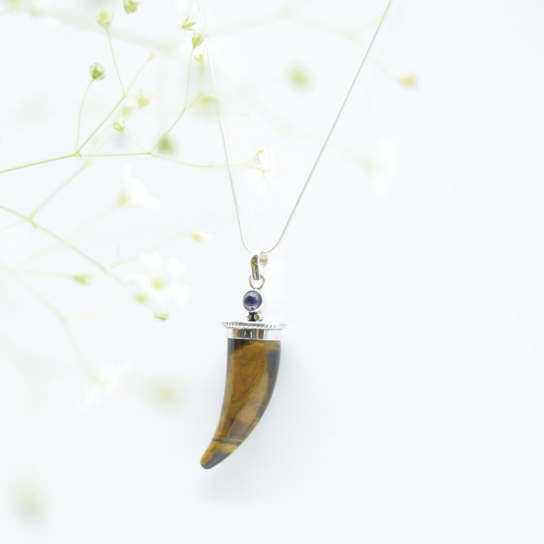 Tiger's Eye Shark's Tooth Pendant with an Amethyst Accent in 925 Silver- Without Chain - IAC Galleria