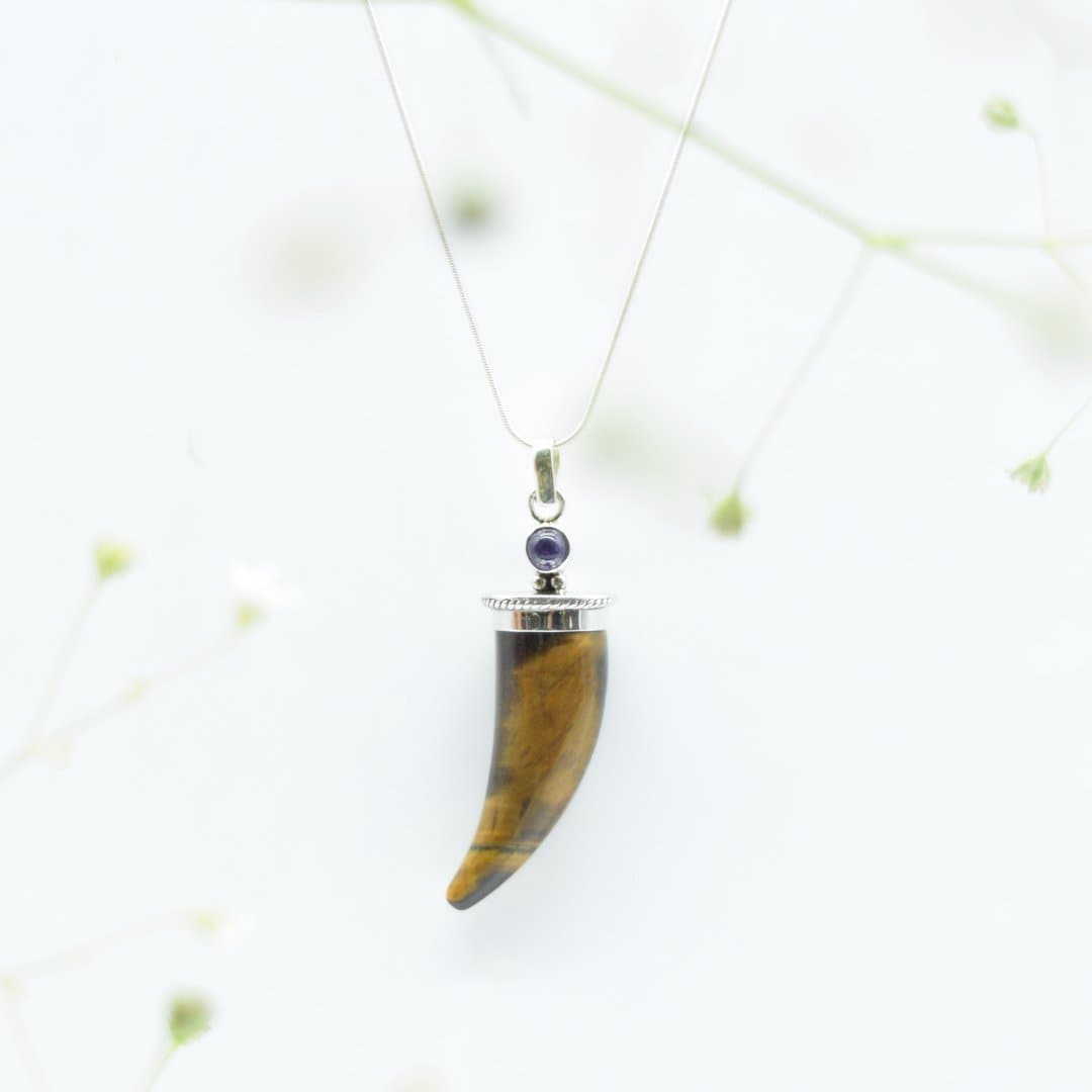 Tiger's Eye Shark's Tooth Pendant with an Amethyst Accent in 925 Silver- Without Chain - IAC Galleria