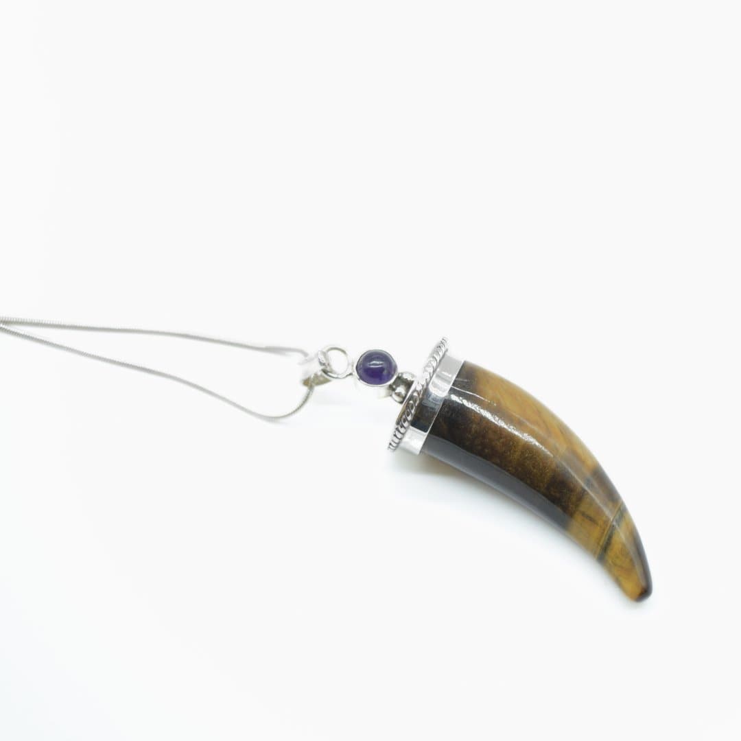 Tiger's Eye Shark's Tooth Pendant with an Amethyst Accent in 925 Silver- Without Chain - IAC Galleria