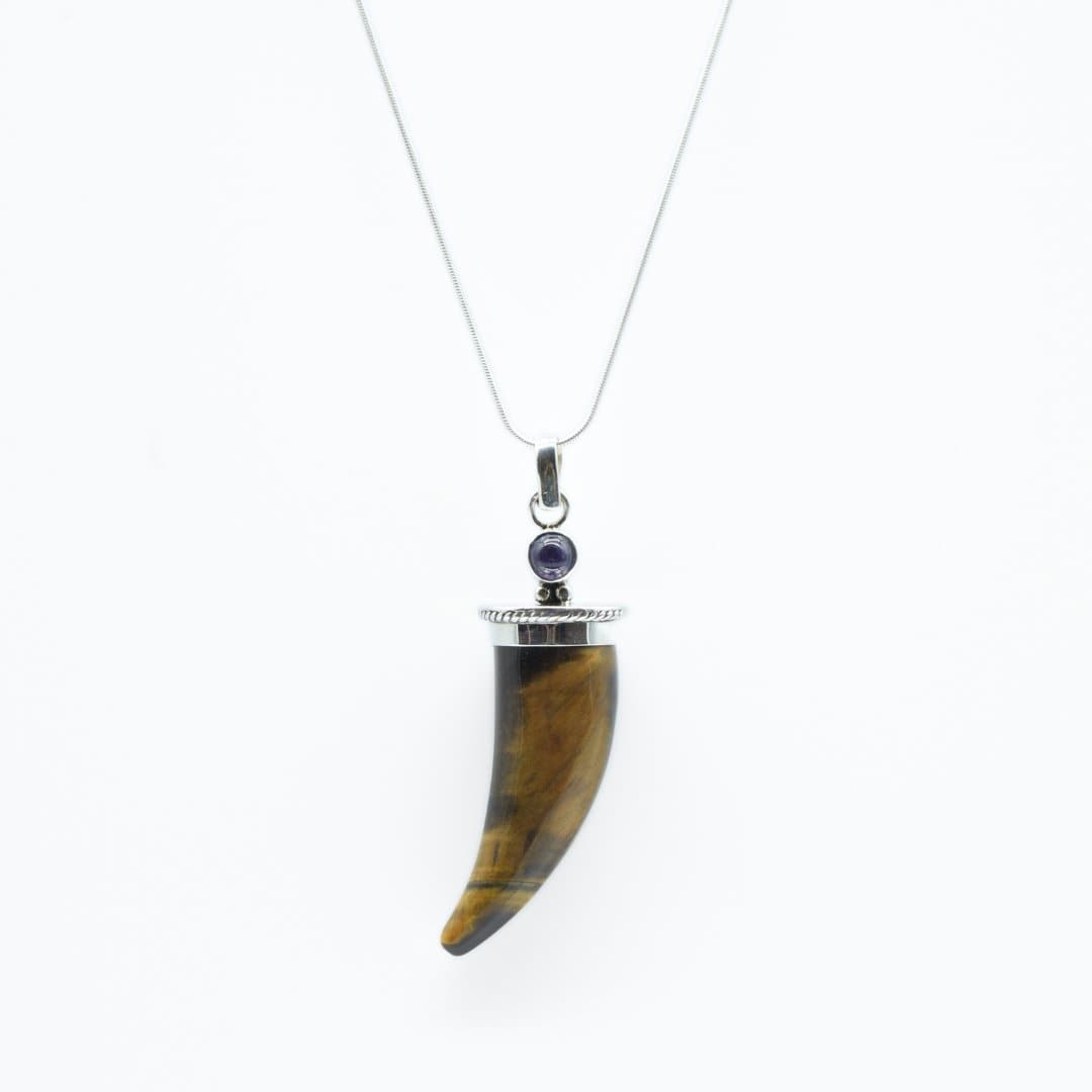 Tiger's Eye Shark's Tooth Pendant with an Amethyst Accent in 925 Silver- Without Chain - IAC Galleria