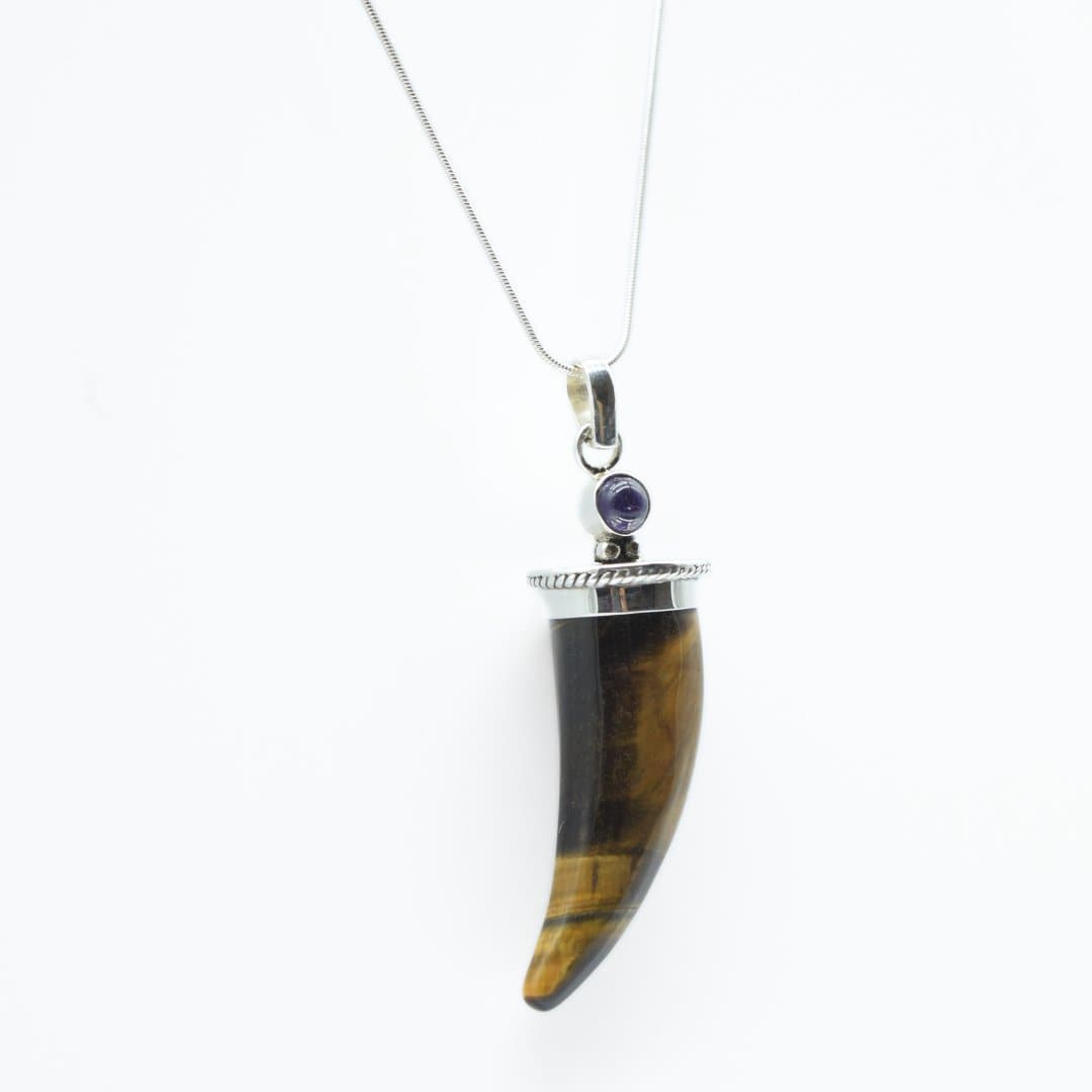 Tiger's Eye Shark's Tooth Pendant with an Amethyst Accent in 925 Silver- Without Chain - IAC Galleria