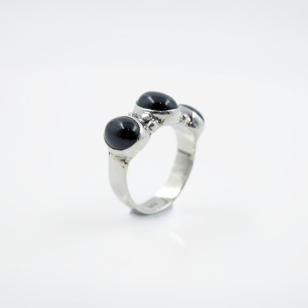 Tri-Black Onyx Cabochon Ring in 925 Silver - IAC Galleria