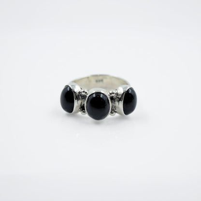 Tri-Black Onyx Cabochon Ring in 925 Silver - IAC Galleria