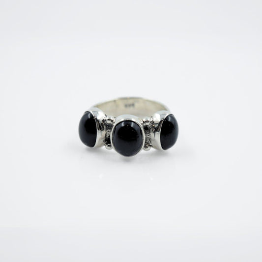 Tri-Black Onyx Cabochon Ring in 925 Silver - IAC Galleria